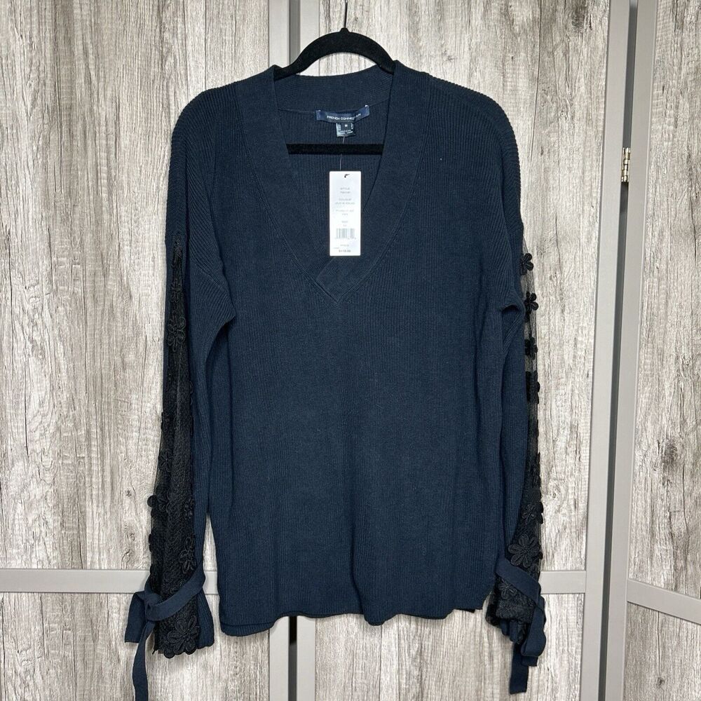 French Connection Womens Sweater Lace Sleeves V Neckline Navy Blue Size M NEW